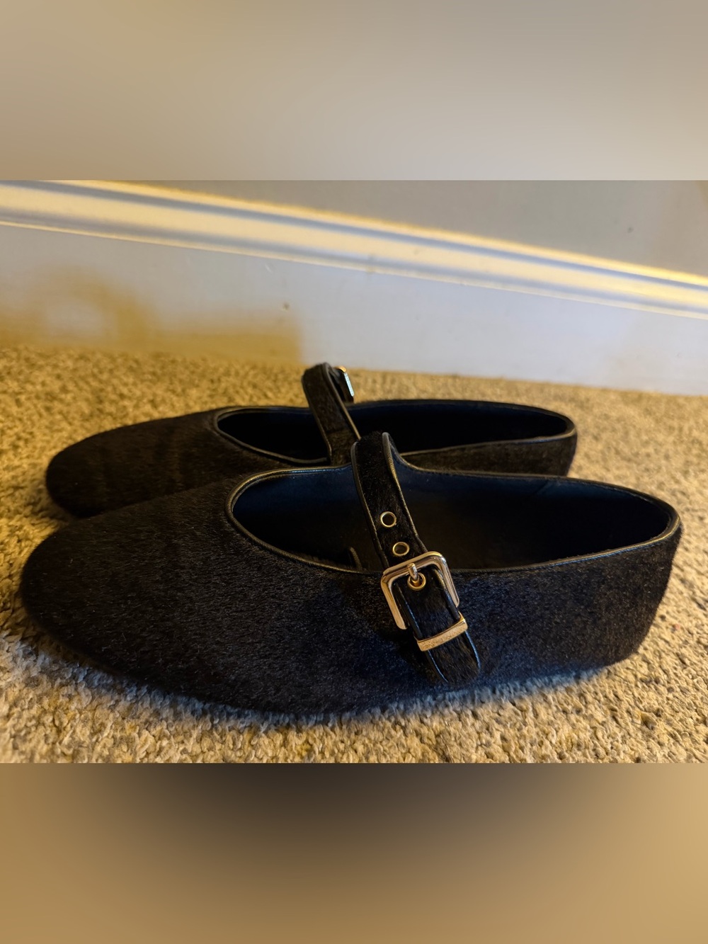 H&M Black Mary Jane Buckle Strap Felt Flats